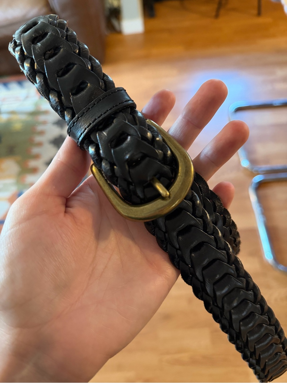 Cole Haan Black Braided Leather Belt with Brass-Tone Buckle Fully Adjustable 36